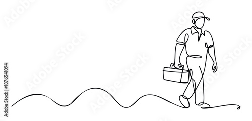 Continuous line drawing of a handyman walking and carrying a toolbox, suitable for illustrating service, repair, or professional maintenance business themes.