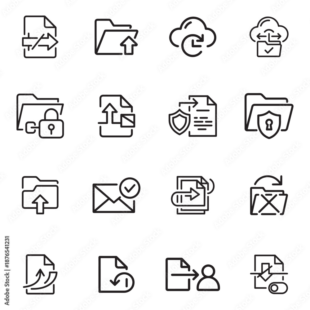 Fototapeta premium Essential outline icon set for modern data management, security, and cloud services