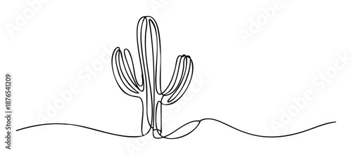 Simple linear illustration of a robust cactus plant in a continuous monoline style, suitable for graphic design, eco friendly promotions, or serene nature inspired applications.