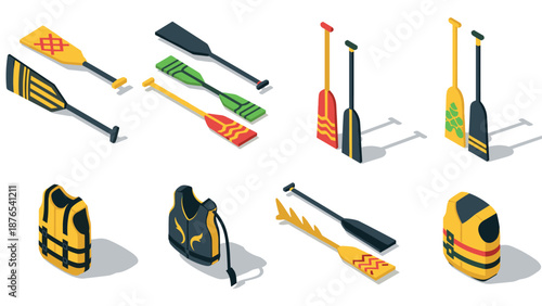 Colorful isometric canoe paddles and safety vests on white background