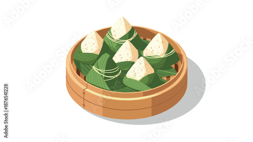 Bamboo steamer with rice dumplings wrapped in green leaves - isometric style asian cuisine