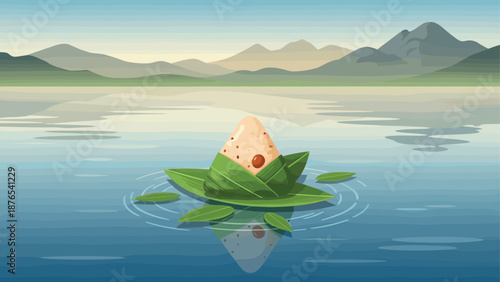 Serene lake with rice dumpling in leaf: tranquil mountain water landscape