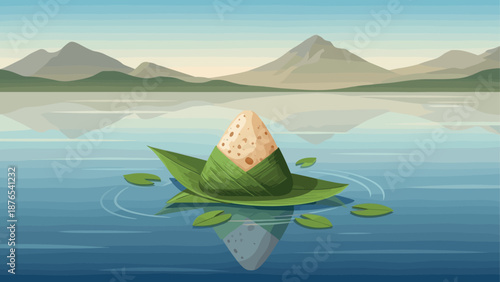 Traditional dumpling in leaf on calm lake with mountain view in flat design