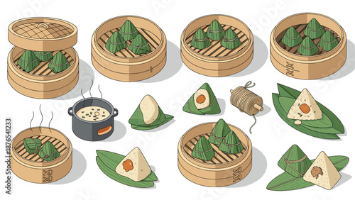 Traditional chinese dumplings in bamboo steamers and ingredients