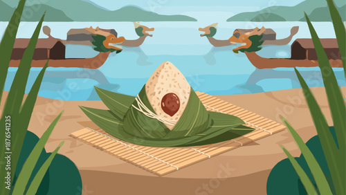 Dragon boat festival scenery with traditional rice dumpling on bamboo mat by the lake