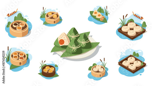 Delicious assorted dumplings and rice snacks with bamboo leaves in isometric style