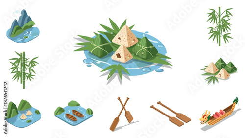 Isometric festive rice dumplings and bamboo elements on water