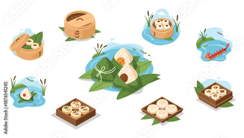 Traditional asian cuisine dumpling assortment with nature elements in flat design