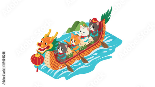 Cute cats enjoying a dragon boat festival in isometric style