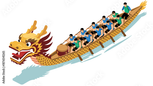 Dragon boat racing team in action: isometric design of vibrant athletic event