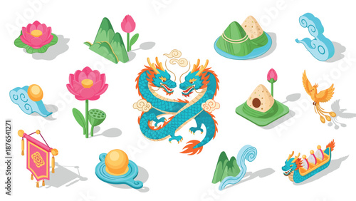 Vibrant isometric asian symbols with double dragon and cultural icons