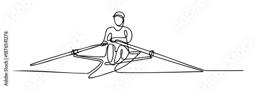 Minimalist continuous line drawing of an individual rowing a sleek single scull boat, perfect for dynamic sport event promotions, fitness club branding, or active lifestyle publications.