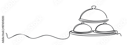 One continuous line drawing depicting a stack of three elegant food serving domes, perfect for hospitality advertisements, restaurant menus, or catering service branding material.