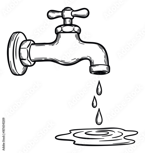 Leaking water tap with individual drops slowly falling into a growing puddle, symbolizing water conservation issues and the urgent need for plumbing repair, suitable for environmental