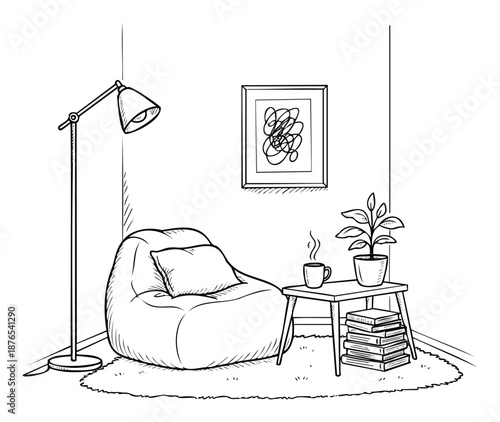 Cozy room corner with a comfortable bean bag chair, a stylish floor lamp, a side table holding a steaming mug, a potted plant, and a stack of books, ideal for relaxation and home decor