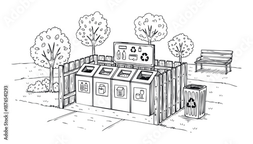 Outdoor public recycling station featuring multiple waste sorting bins and a clear informational sign, perfect for illustrating environmental responsibility and sustainable urban