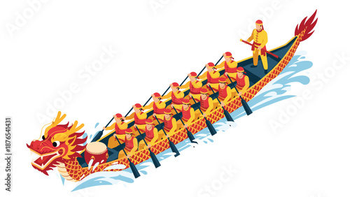 Enthusiastic team rowing in traditional dragon boat racing event