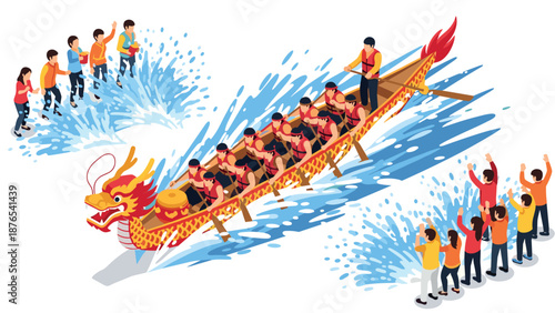 Vibrant dragon boat festival celebration scene with rowers and spectators