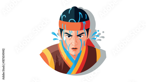 Determined fighter character with headband and water splash in cartoon style