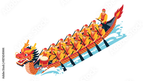 Dynamic dragon boat racing team in vibrant isometric style on water