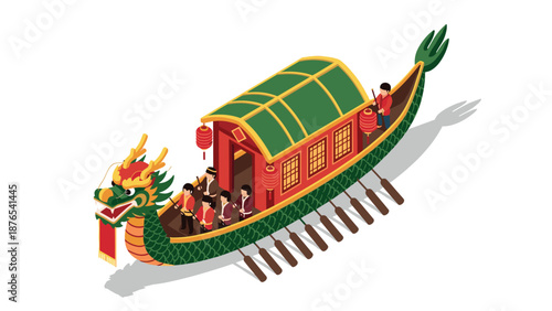 Isometric dragon boat with rowers and traditional asian design