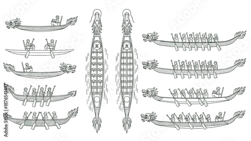 Traditional dragon boat race designs featuring rowers and intricate patterns