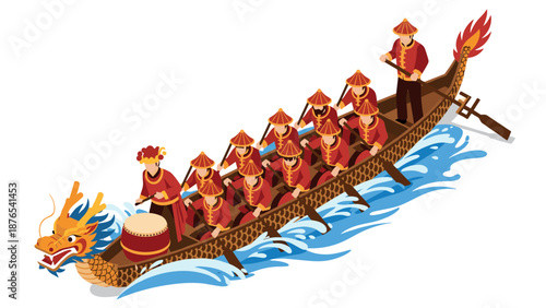 Isometric dragon boat racing team on water with drummer and paddle