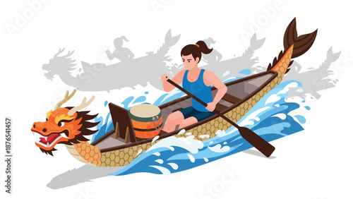Woman paddling in a dragon boat with drum during festival race