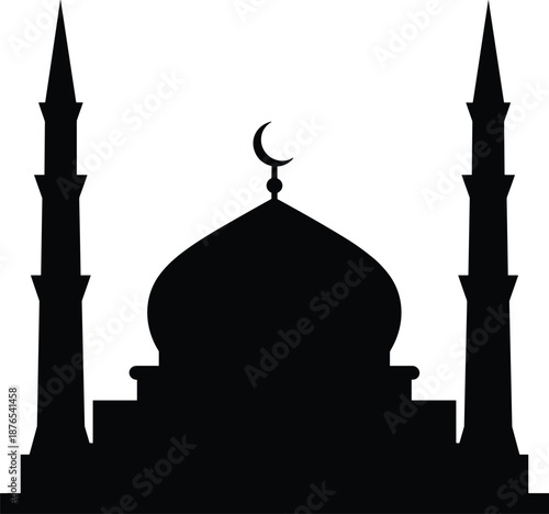 Mosque Silhouette Vector, Islamic Architecture Symbol, Crescent Moon and M
