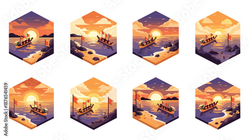 Dragon boat adventure: hexagonal coastal landscape collection for creative design