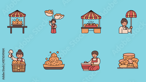 Charming bakery scene with characters and freshly baked goods in flat style