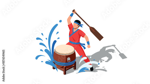 Dynamic taiko drummer in action with water splash effect in isometric style