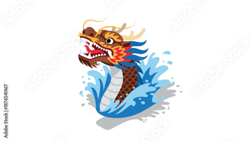Vibrant dragon head splashing through water in dynamic cartoon style design