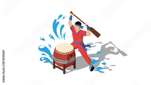 Dynamic drummer in red uniform playing taiko drum with splash effect