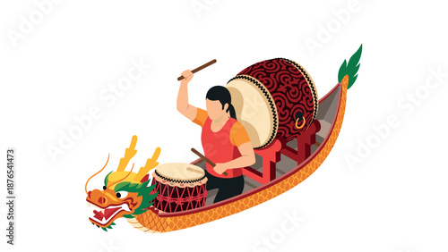 Dragon boat drummer in action: vibrant isometric design of cultural celebration