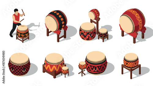 Isometric traditional drums set with player and detailed patterns
