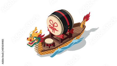 Isometric dragon boat with drum on water for cultural celebration designs