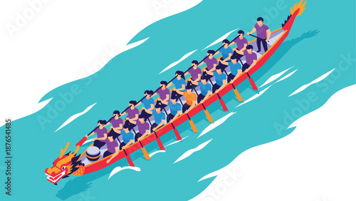 Colorful isometric dragon boat race scene with rowers in motion
