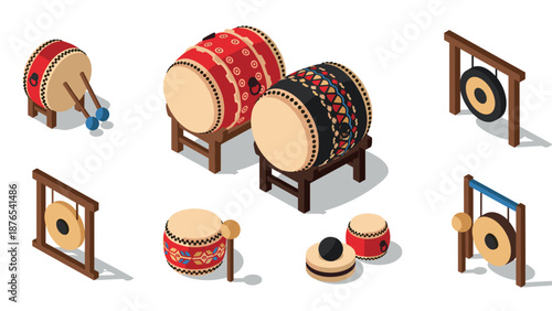 Traditional percussion instruments: vibrant isometric drums and gongs
