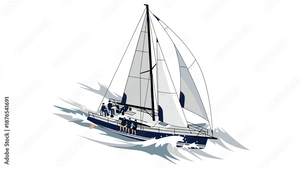 Fototapeta premium Elegant sailboat with crew on ocean waves in stylish flat design