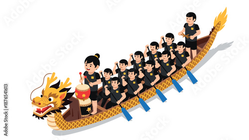Dragon boat team in action: isometric style racing illustration with drummer and paddlers