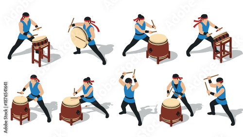 Taiko drummers performing in various poses with traditional drums isometric style