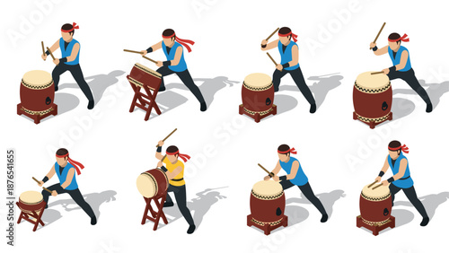 Isometric taiko drummers performing with dynamic energy and traditional style
