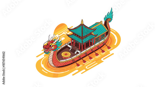 Colorful isometric dragon boat with pagoda and waves in asian style