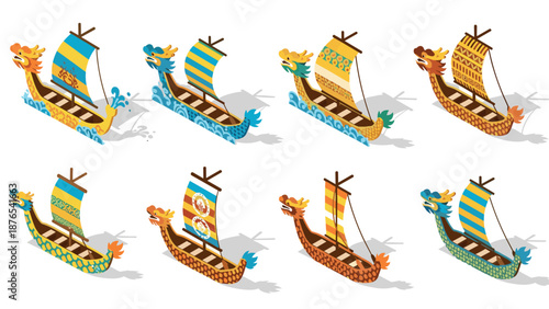 Colorful isometric dragon boats with traditional asian patterns and unique designs