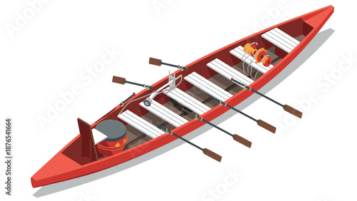 Isometric rowing boat with oars and drum in red and white