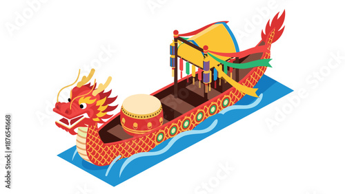 Isometric dragon boat on water: vibrant traditional craft with ornate decorations
