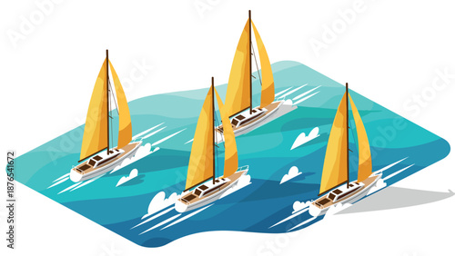 Isometric sailboats racing on ocean waves with golden sails