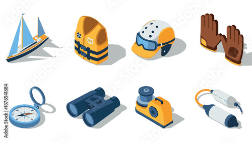 Isometric nautical gear: adventure equipment including boat, life vest, helmet, gloves, compass, binoculars