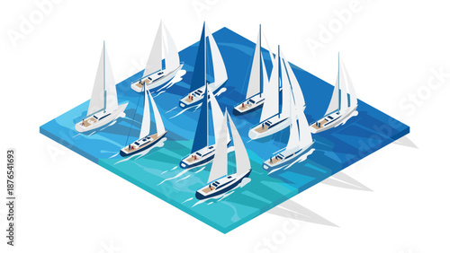 Isometric yacht regatta: fleet of sailing boats on blue ocean